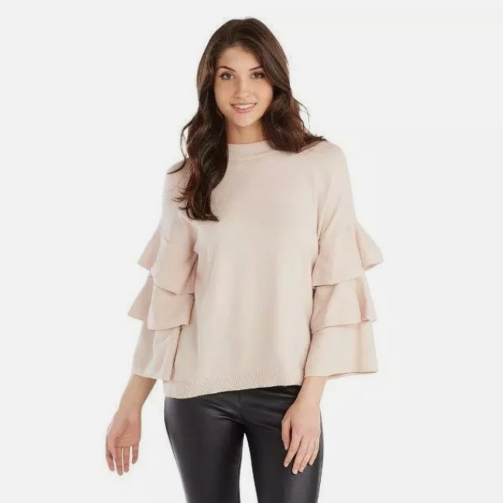 Mud Pie Sweater Dawson Tiered Ruffle Sleeve Sweater Blush size Small